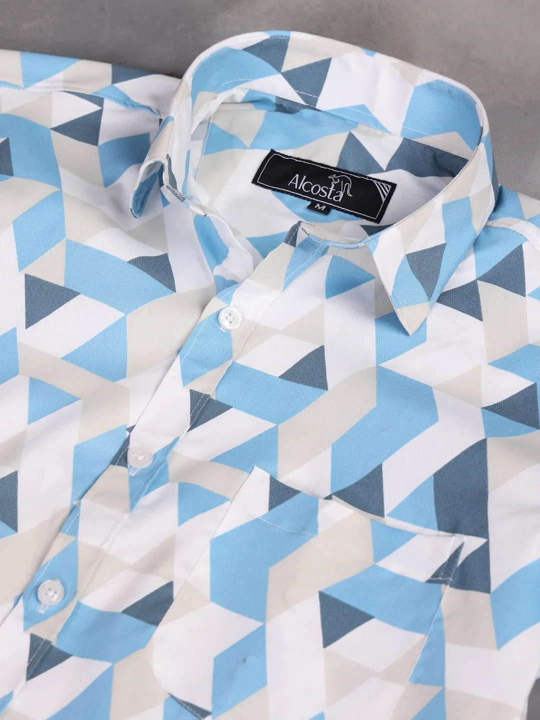 MENS BLUE AND WHITE TRIANGLE PRINT LYCRA COTTON SHIRT