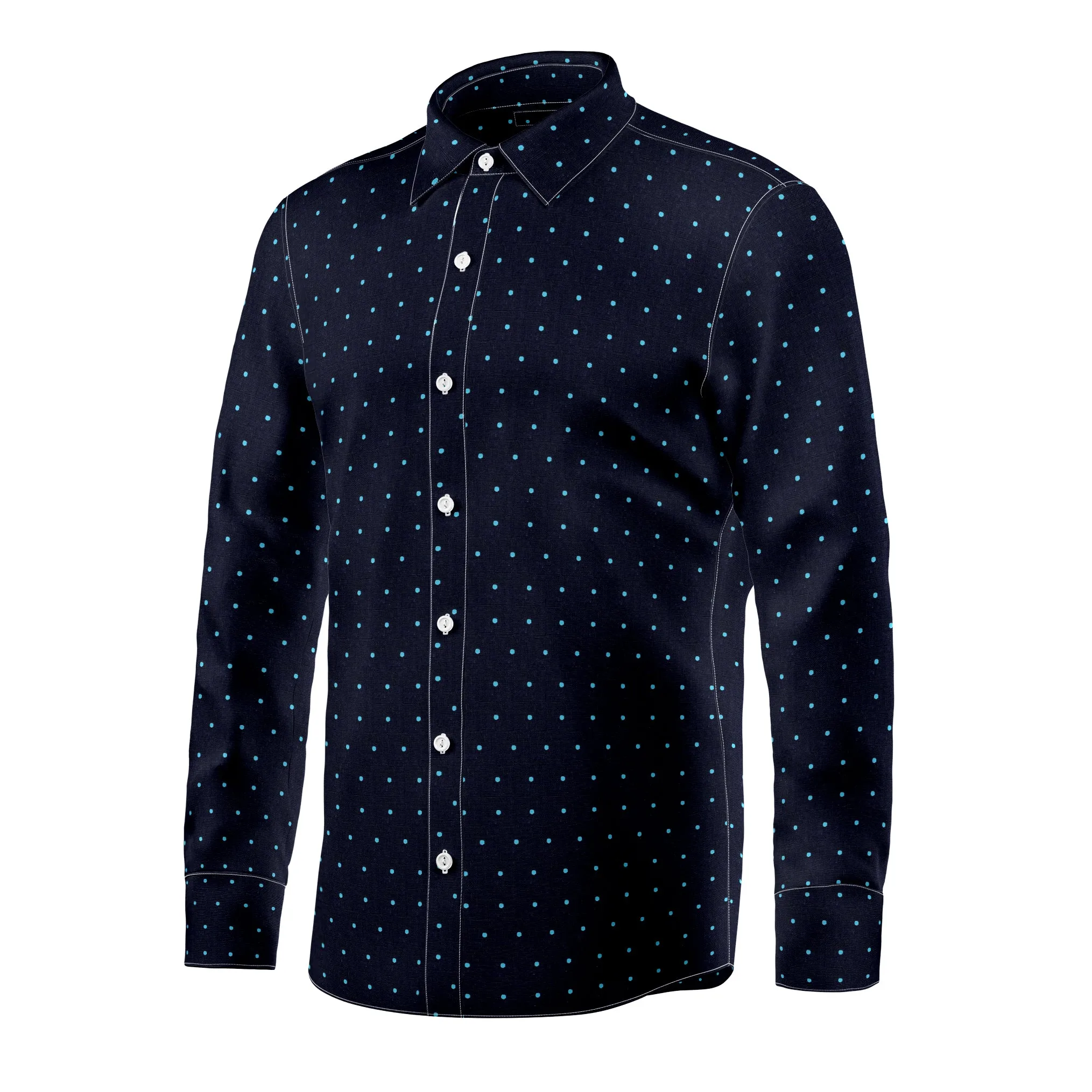 MIDNIGHT BLUE WITH POLKA DOTTED COTTON SHIRT.