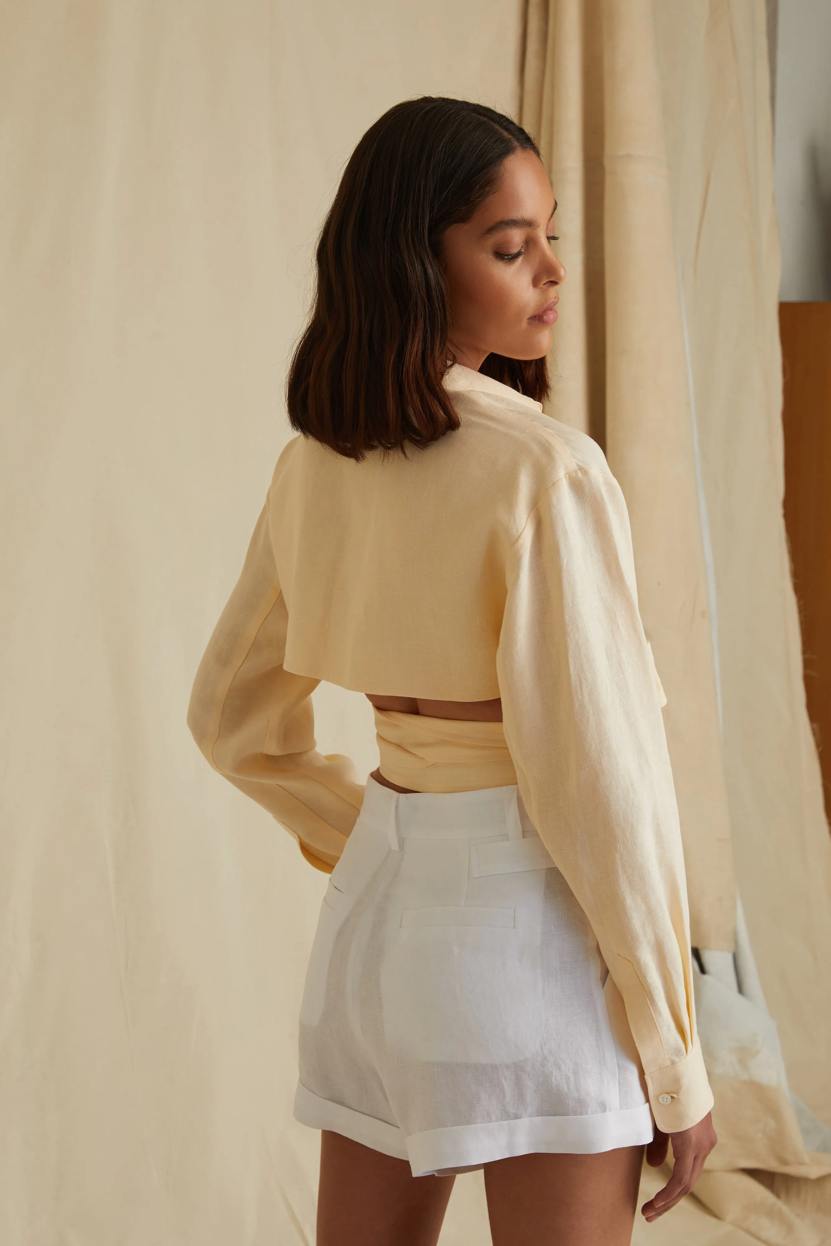 Mila Linen Wrap Front Shirt in Custard