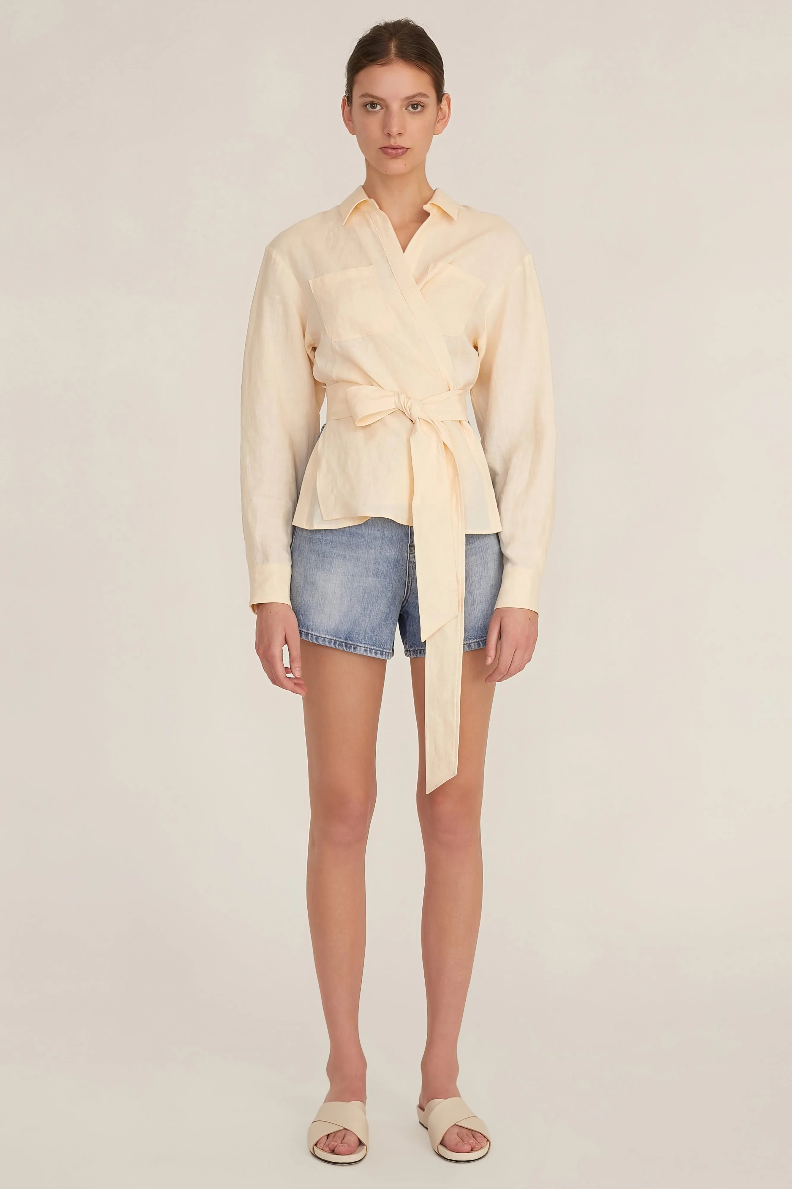 Mila Linen Wrap Front Shirt in Custard