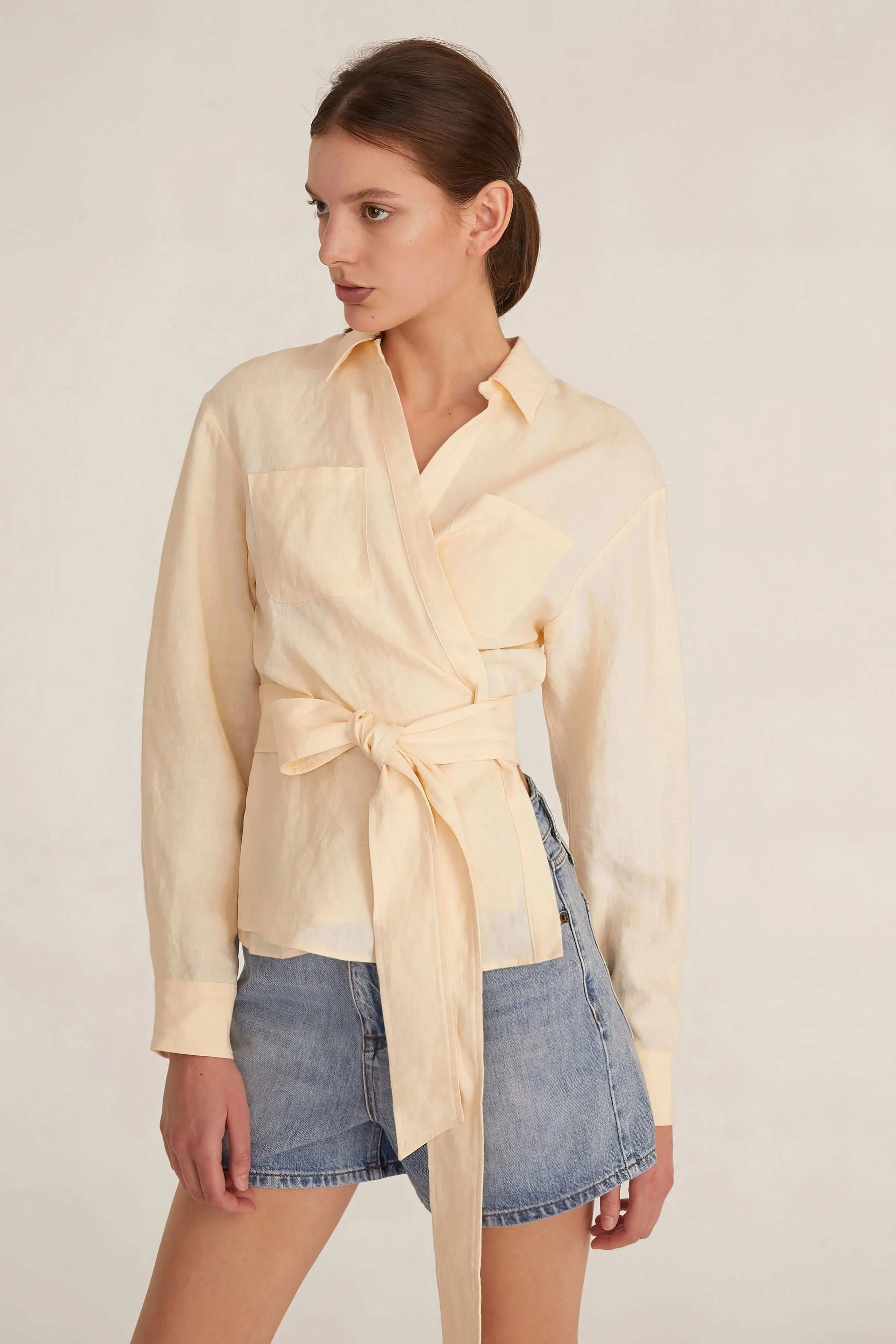 Mila Linen Wrap Front Shirt in Custard