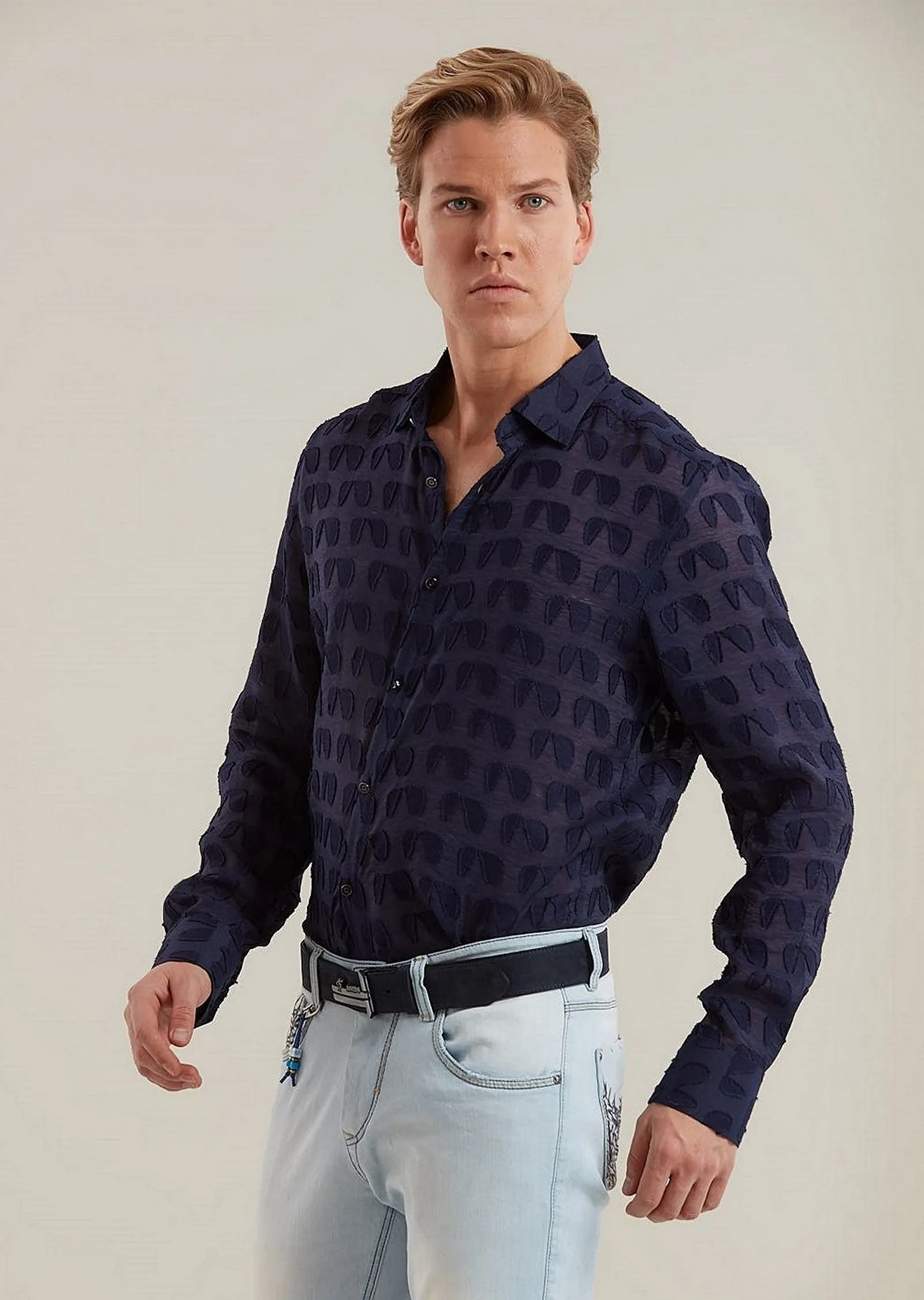 Navy Sheer "Luici" Long Sleeve Shirt