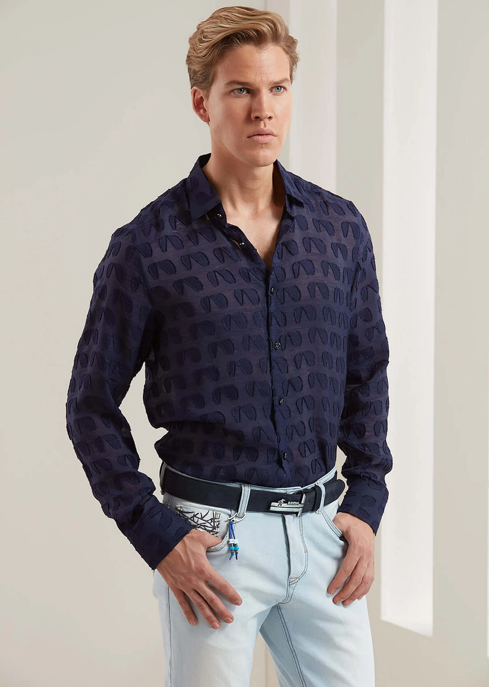 Navy Sheer "Luici" Long Sleeve Shirt