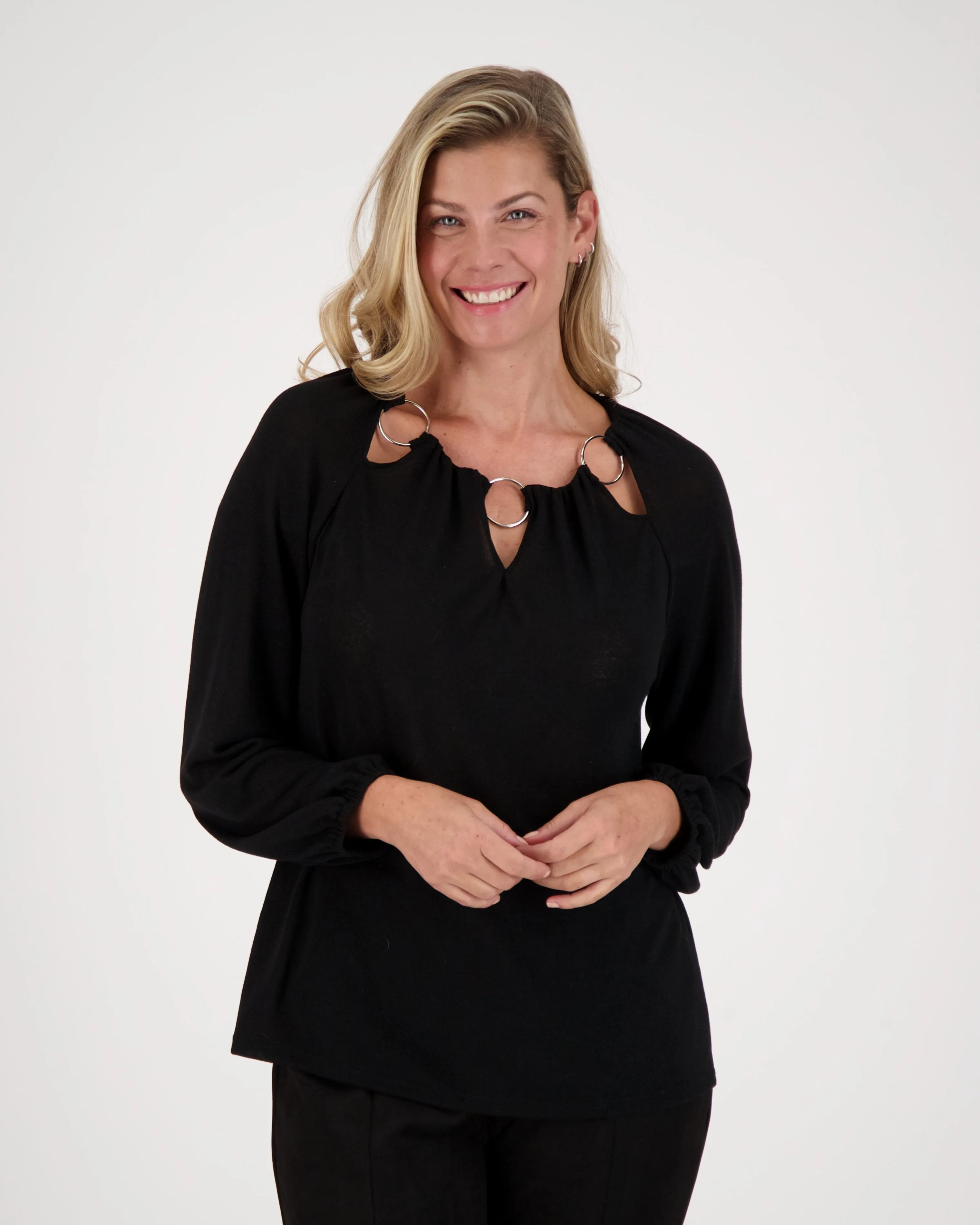 O-Ring Cut Out Neck Long Sleeve Top