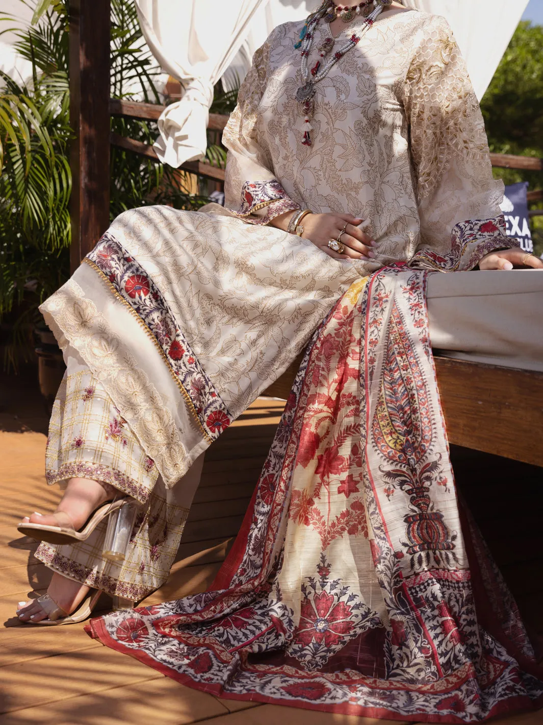 Off White Silk Chanderi 3 Piece Unstitched - ALP-3PS-1526