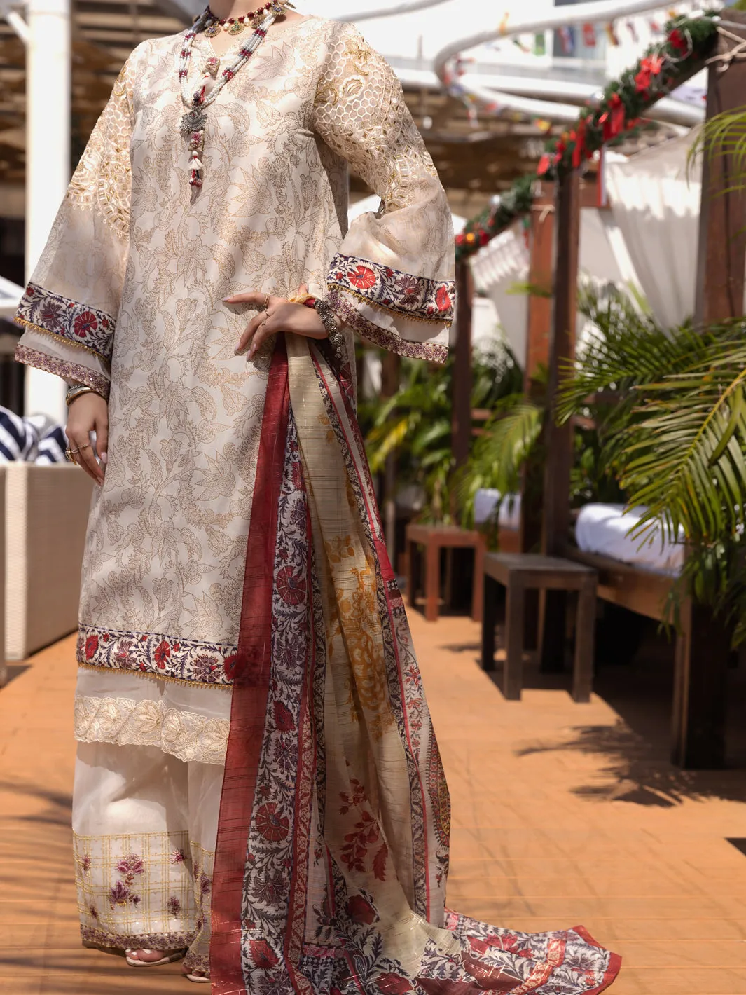 Off White Silk Chanderi 3 Piece Unstitched - ALP-3PS-1526