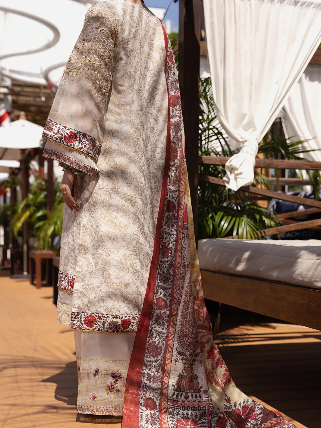 Off White Silk Chanderi 3 Piece Unstitched - ALP-3PS-1526