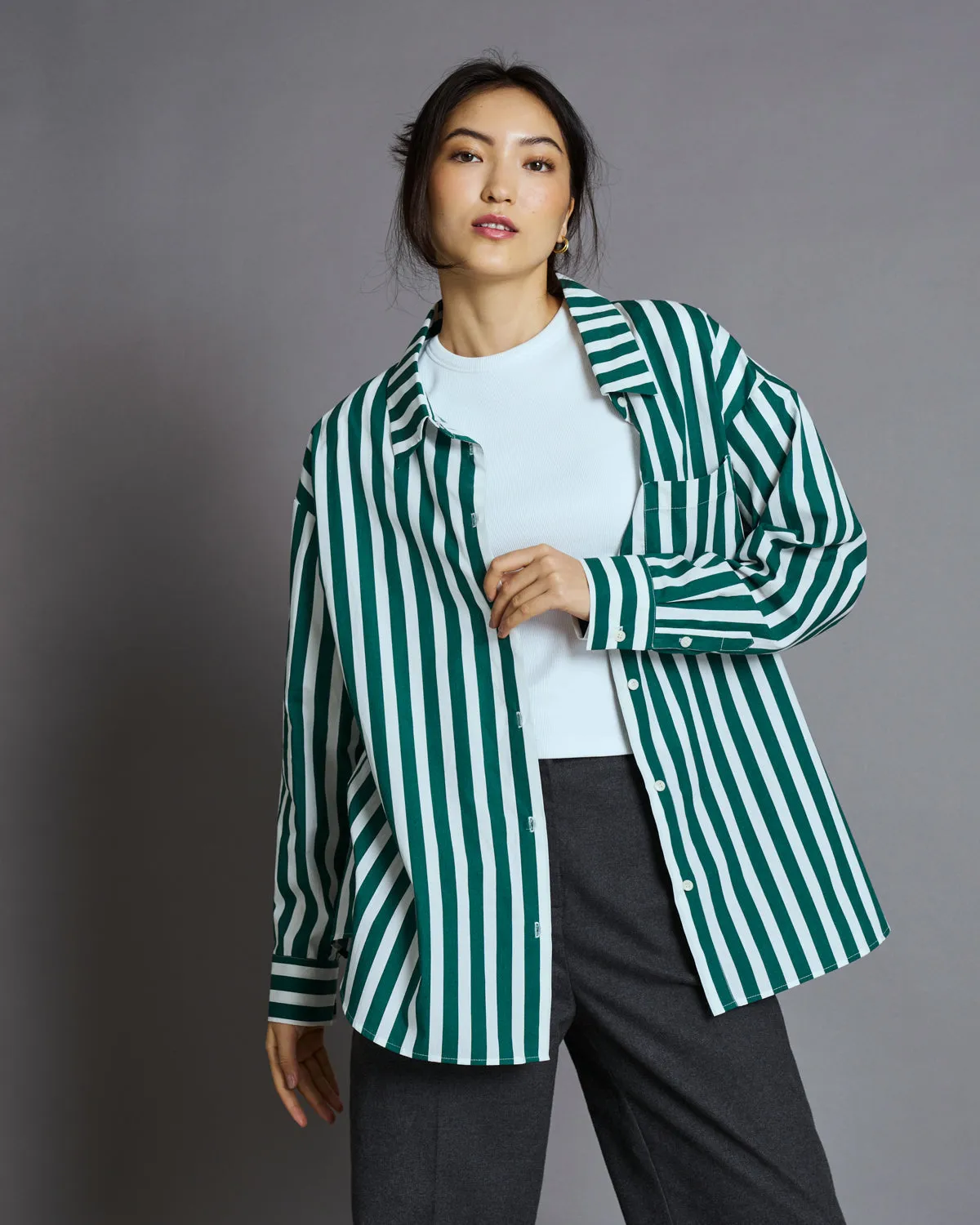 OVERSIZED SHIRT MAMRO BOTTLE GREEN STRIPED