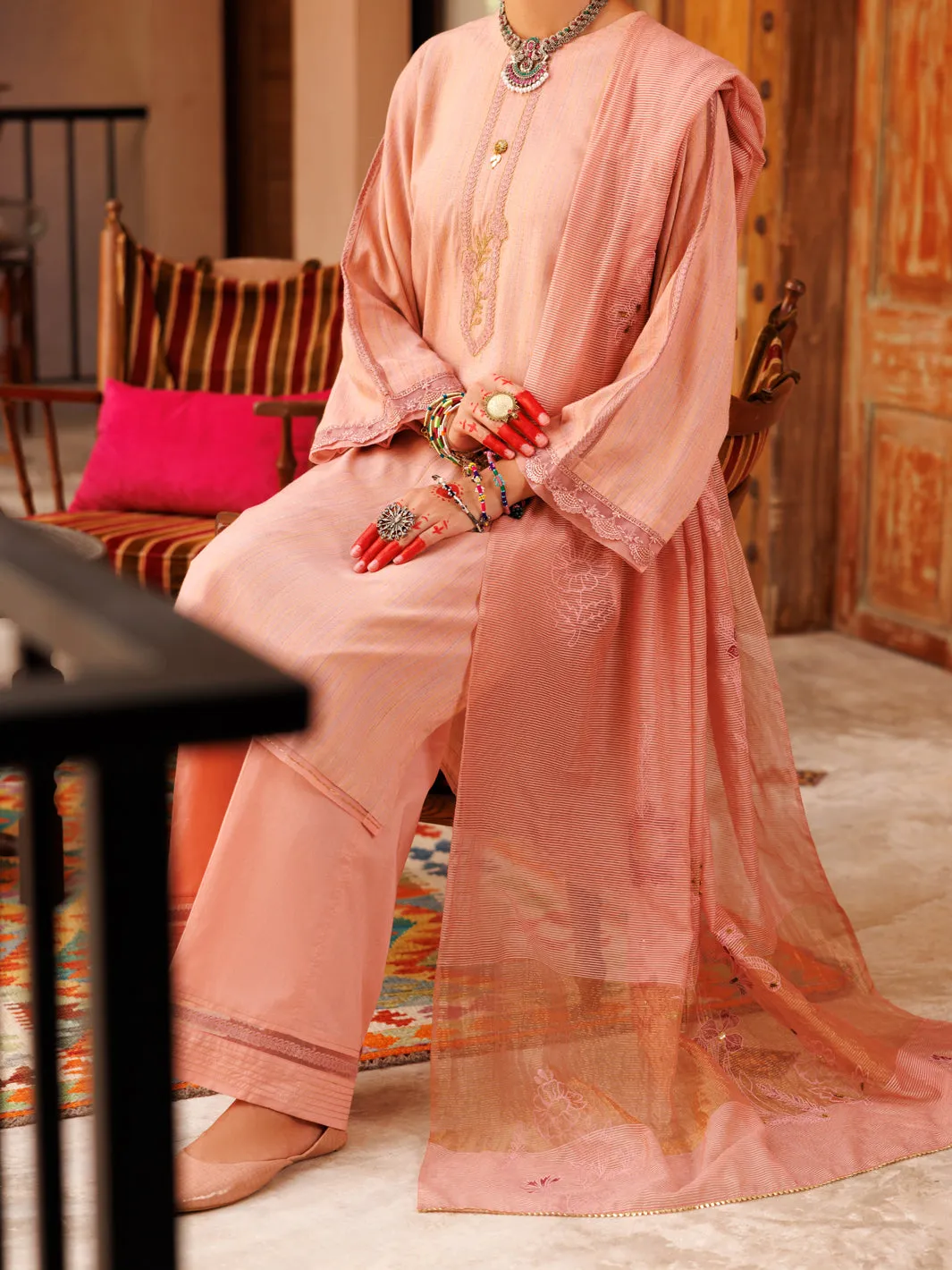 Peach Cotton Stripe 3 Piece Unstitched - ALP-3PS-1805