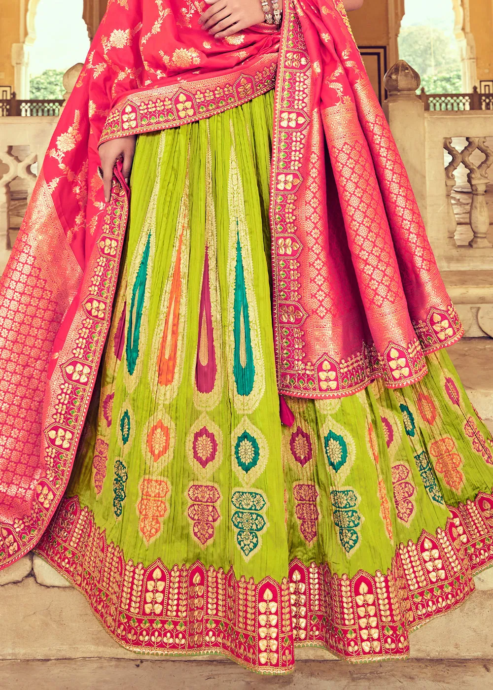 Pear Green Banarasi Silk Lehenga Choli with Khatli and Heavy Embroidered work