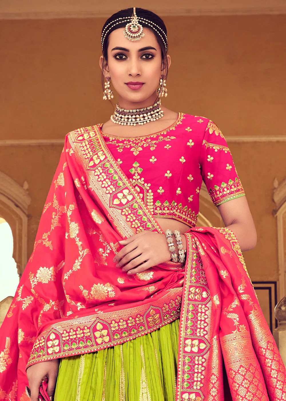 Pear Green Banarasi Silk Lehenga Choli with Khatli and Heavy Embroidered work