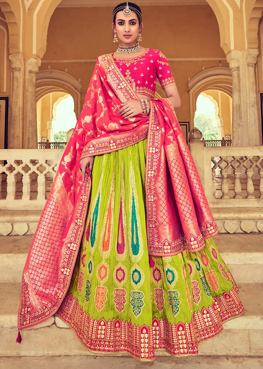 Pear Green Banarasi Silk Lehenga Choli with Khatli and Heavy Embroidered work