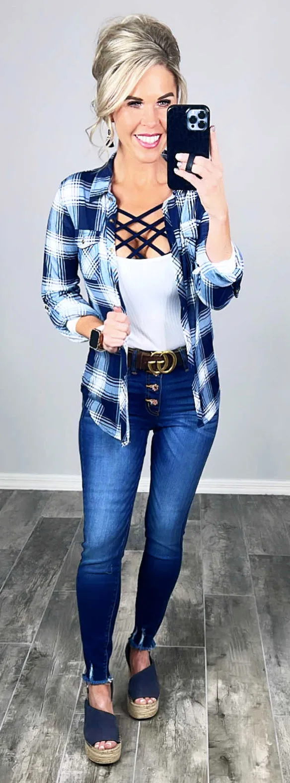Penny Plaid Flannel Top - Navy/White