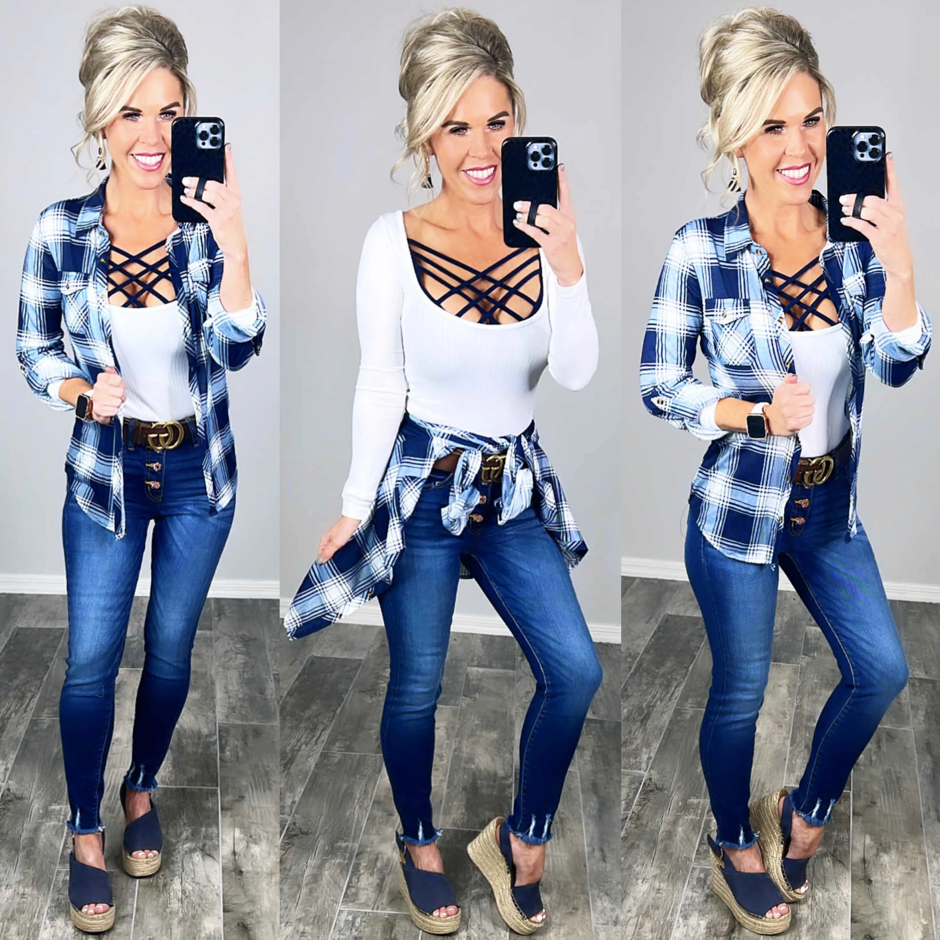 Penny Plaid Flannel Top - Navy/White
