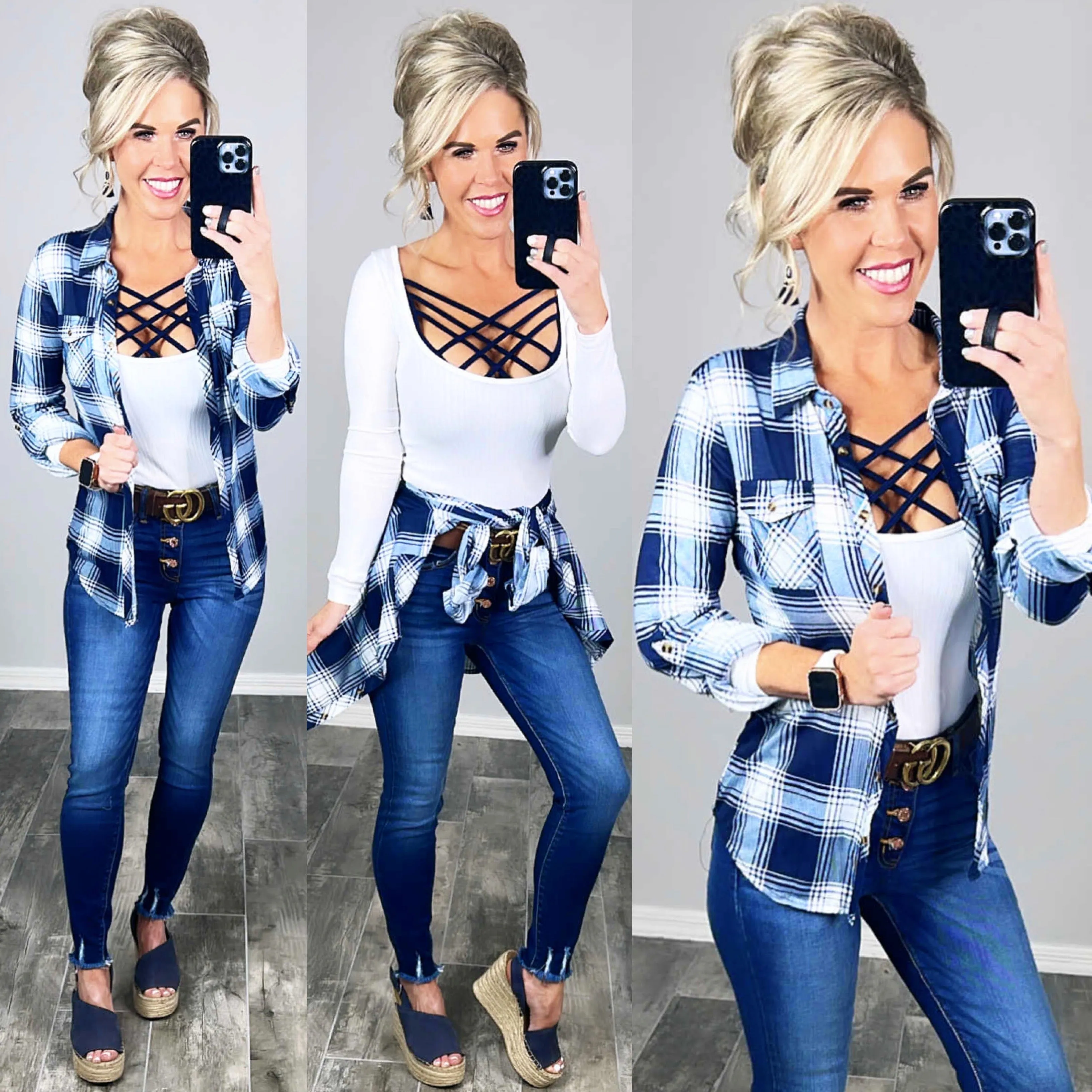 Penny Plaid Flannel Top - Navy/White