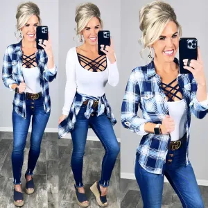 Penny Plaid Flannel Top - Navy/White
