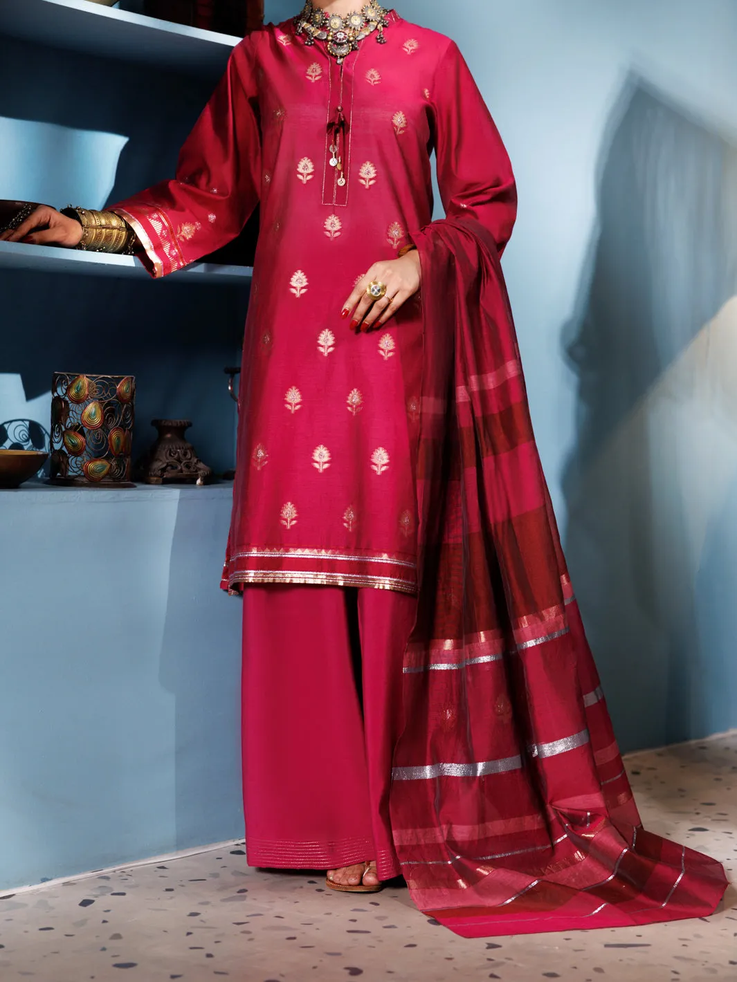 Pink Yarn Dyed Jacquard 3 Piece Unstitched - ALP-3PS-1885