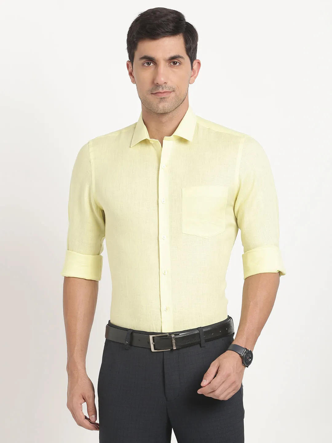Pure Linen Lemon Plain Slim Fit Full Sleeve Formal Shirt
