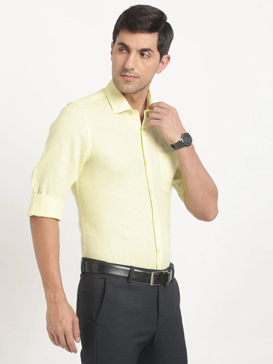 Pure Linen Lemon Plain Slim Fit Full Sleeve Formal Shirt