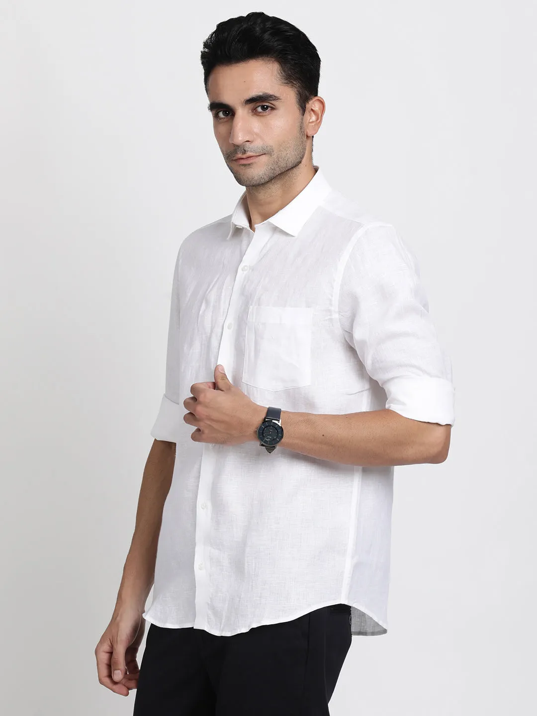 Pure Linen White Plain Slim Fit Full Sleeve Formal Shirt