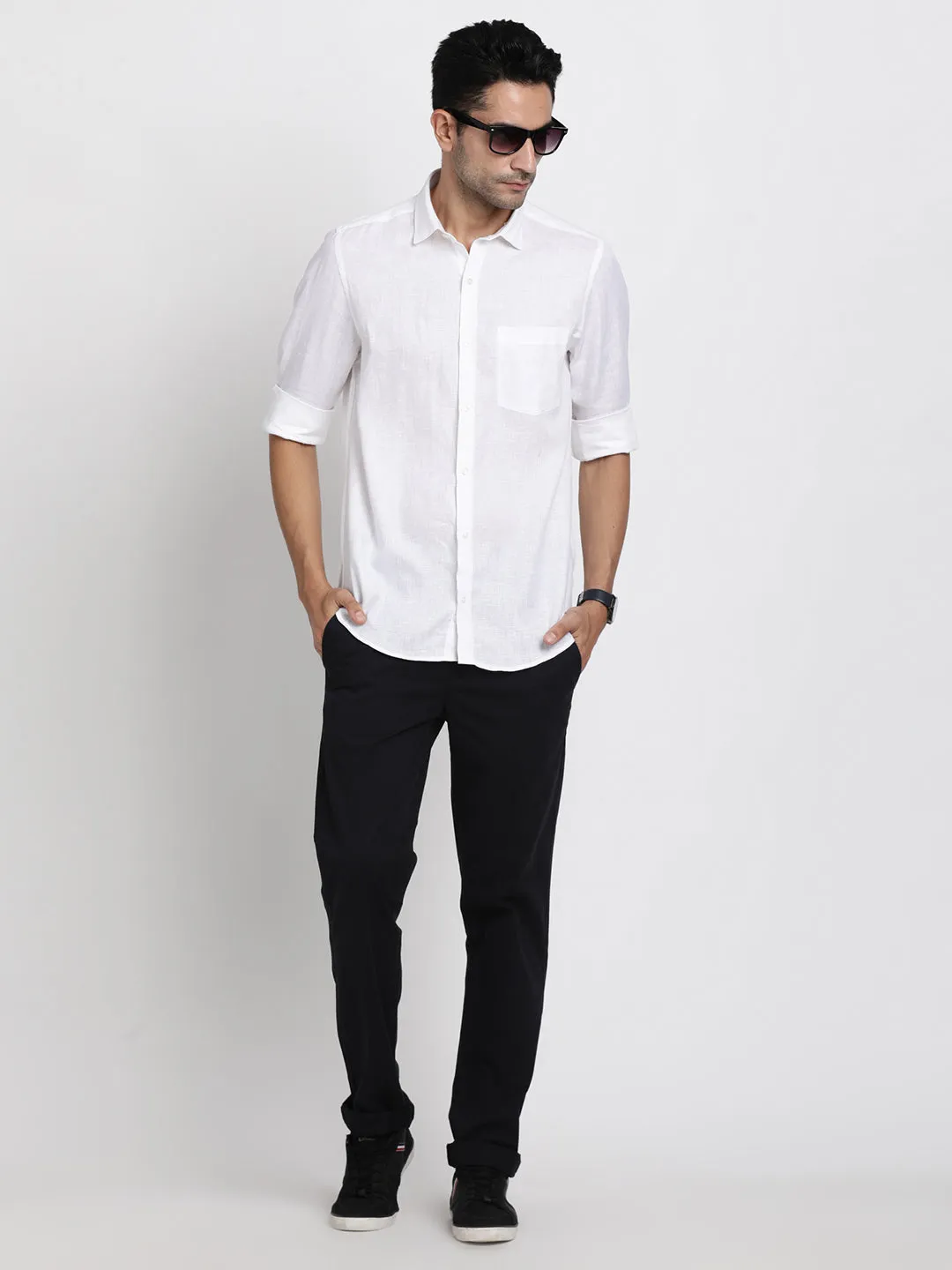 Pure Linen White Plain Slim Fit Full Sleeve Formal Shirt