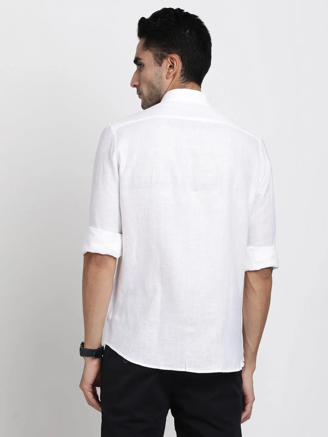 Pure Linen White Plain Slim Fit Full Sleeve Formal Shirt