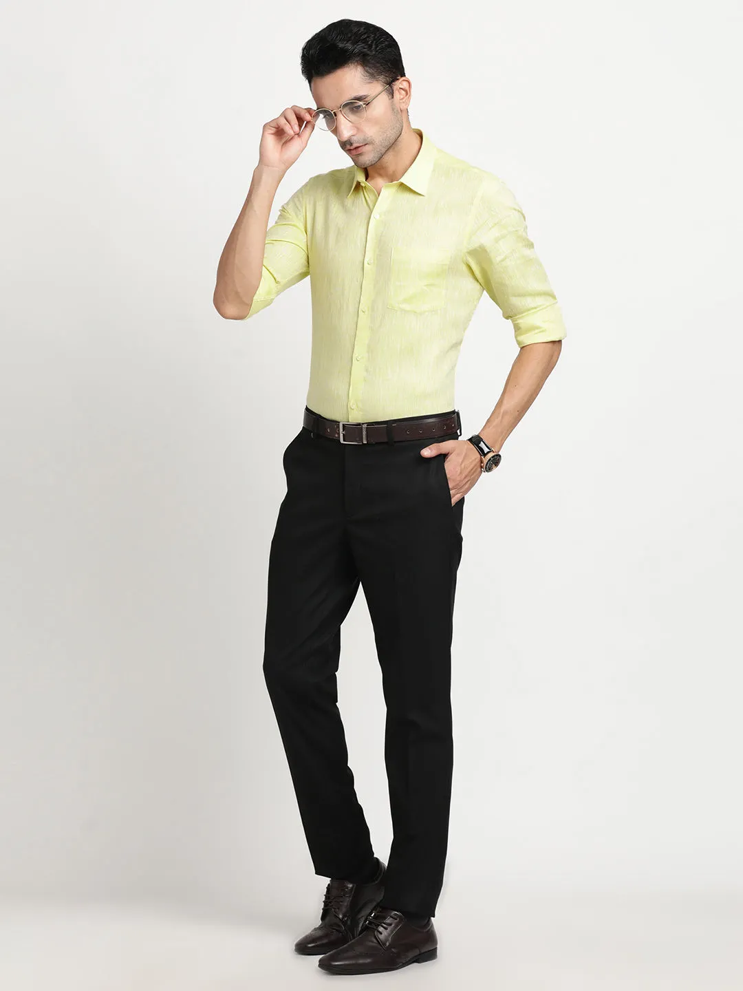 Pure Linen Yellow Plain Slim Fit Full Sleeve Formal Shirt