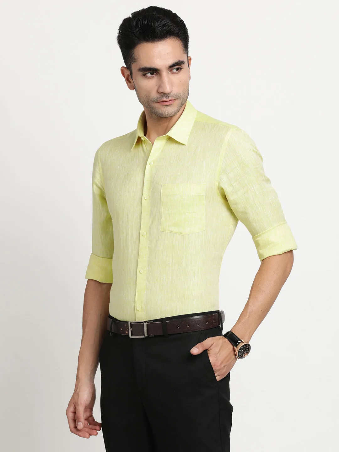 Pure Linen Yellow Plain Slim Fit Full Sleeve Formal Shirt