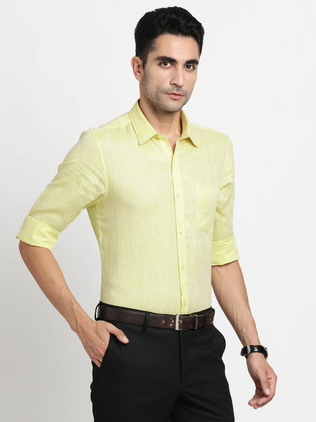 Pure Linen Yellow Plain Slim Fit Full Sleeve Formal Shirt