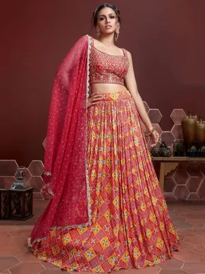 Red Chinon Silk Sequins Embroidered Lehenga Choli Set with Net Dupatta
