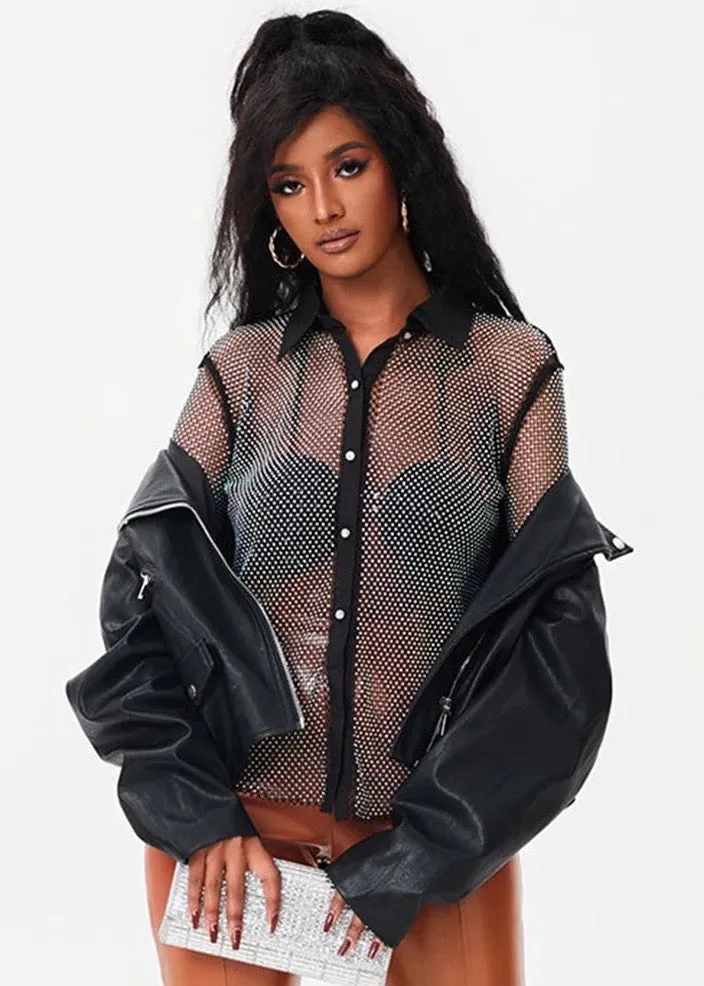 Sparkling Rhinestone Decor Long Sleeved Sheer Shirt