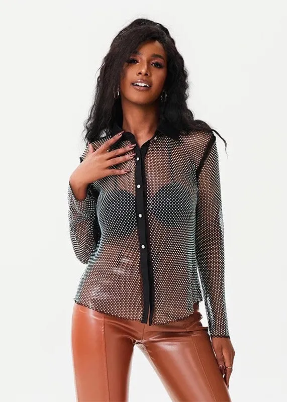 Sparkling Rhinestone Decor Long Sleeved Sheer Shirt