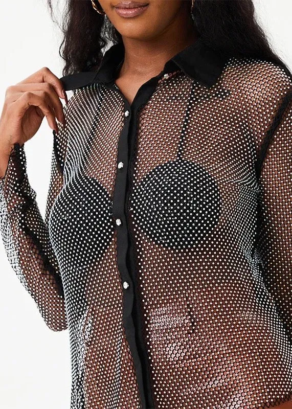 Sparkling Rhinestone Decor Long Sleeved Sheer Shirt