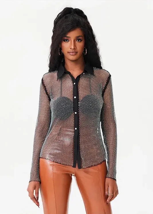 Sparkling Rhinestone Decor Long Sleeved Sheer Shirt