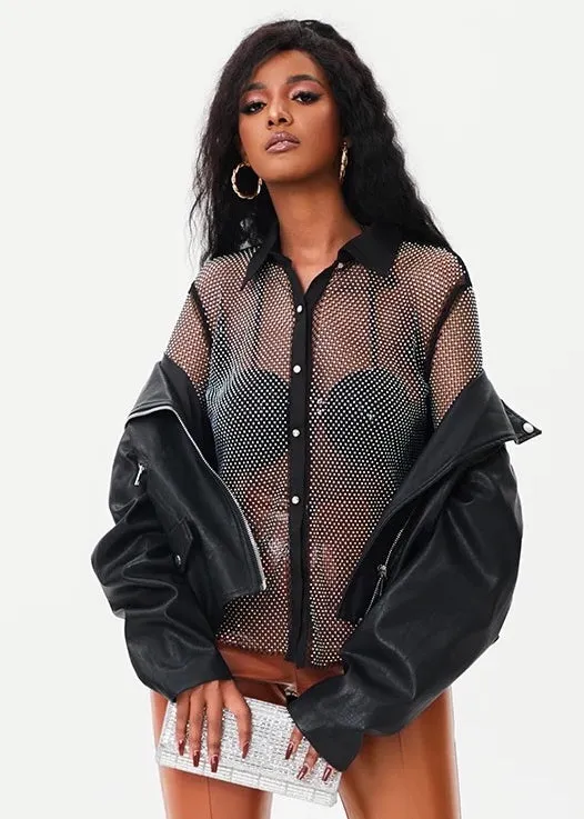 Sparkling Rhinestone Decor Long Sleeved Sheer Shirt