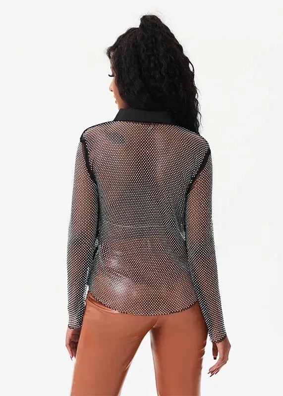 Sparkling Rhinestone Decor Long Sleeved Sheer Shirt
