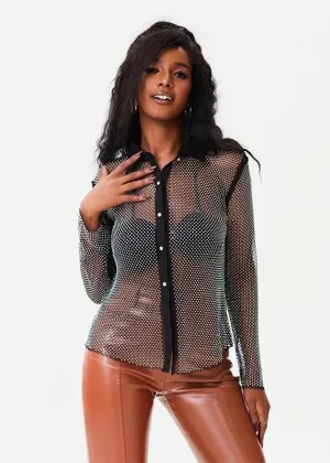 Sparkling Rhinestone Decor Long Sleeved Sheer Shirt