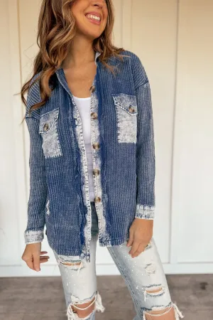 Vintage Waffle Lightweight Shacket in Light Navy