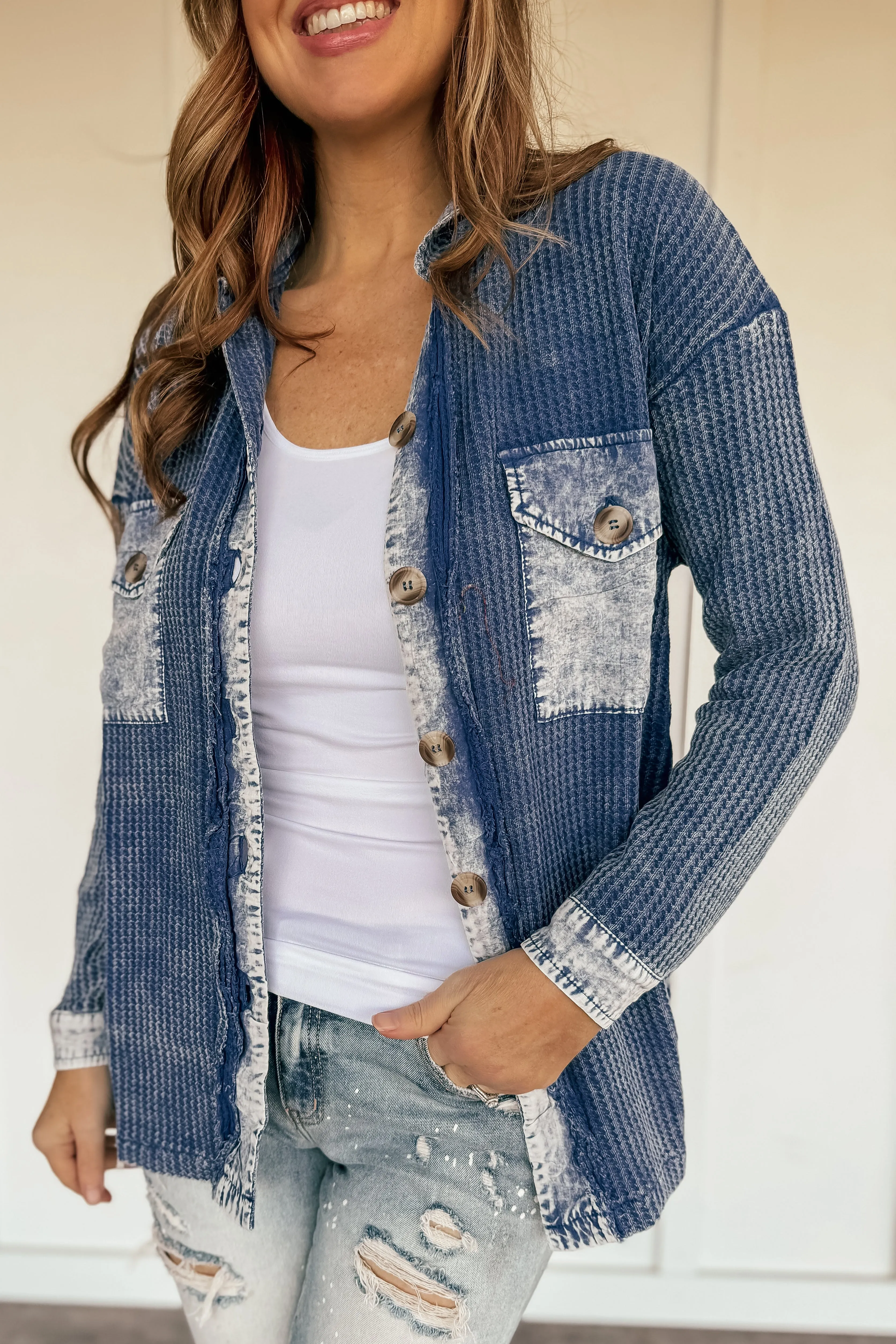 Vintage Waffle Lightweight Shacket in Light Navy