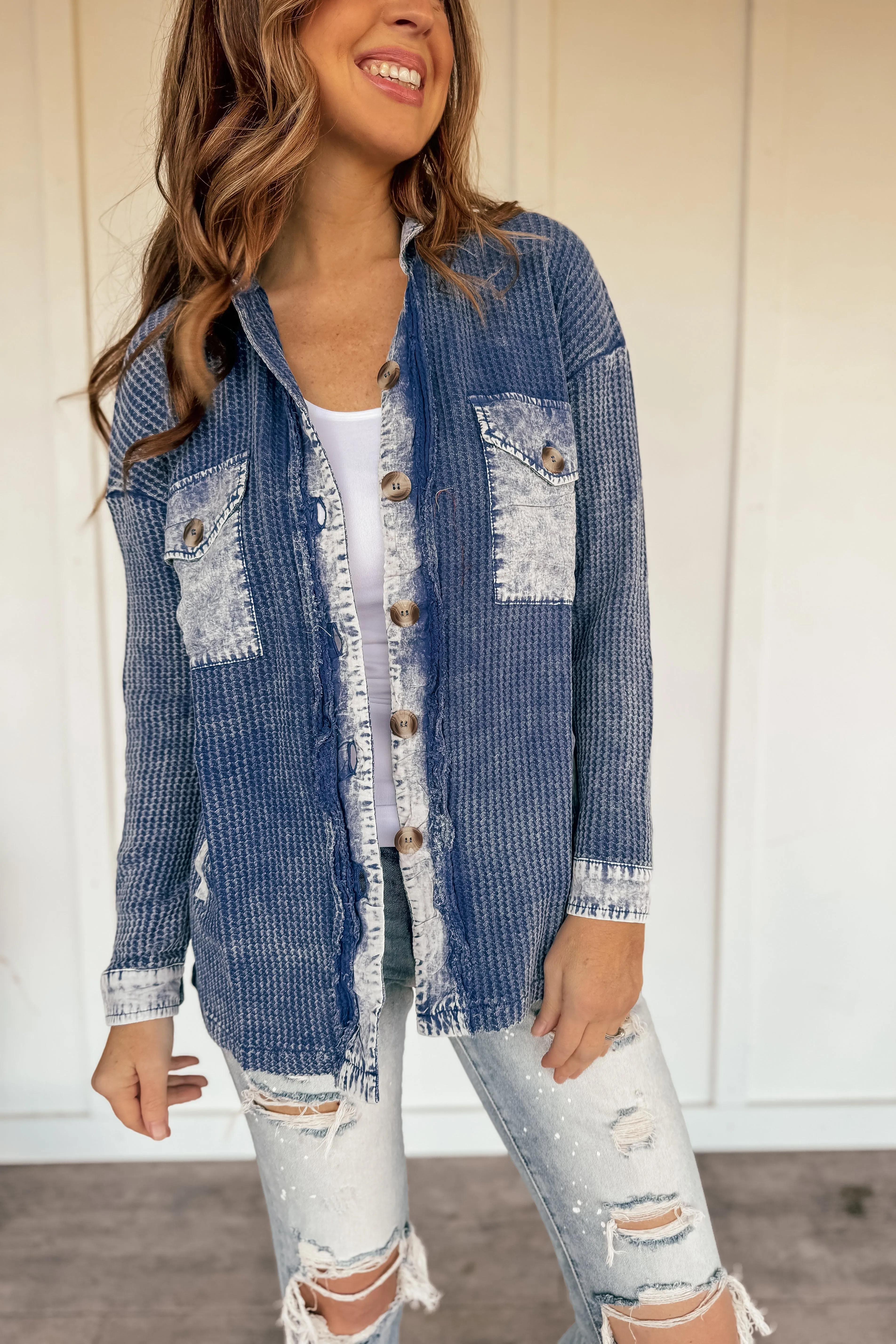 Vintage Waffle Lightweight Shacket in Light Navy
