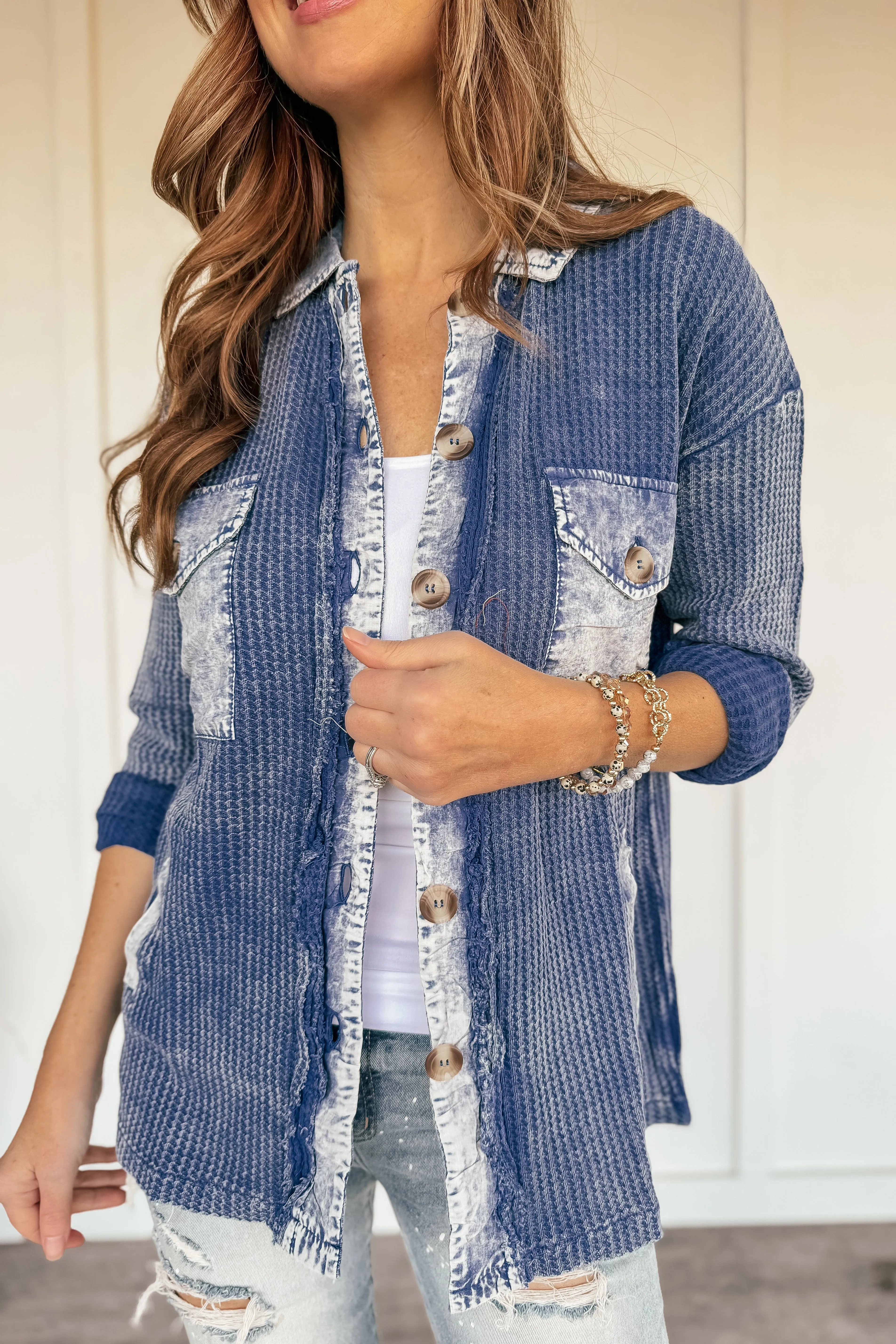 Vintage Waffle Lightweight Shacket in Light Navy