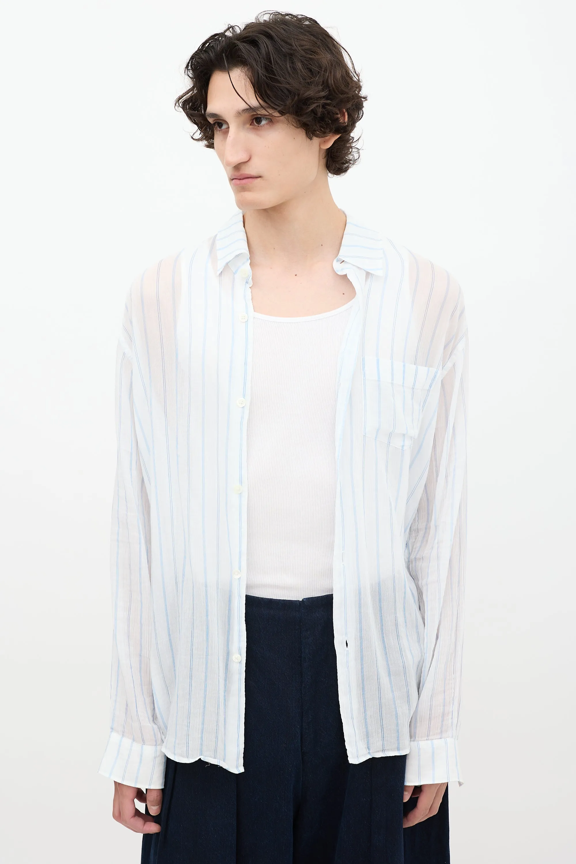 White & Blue Sheer Striped Shirt