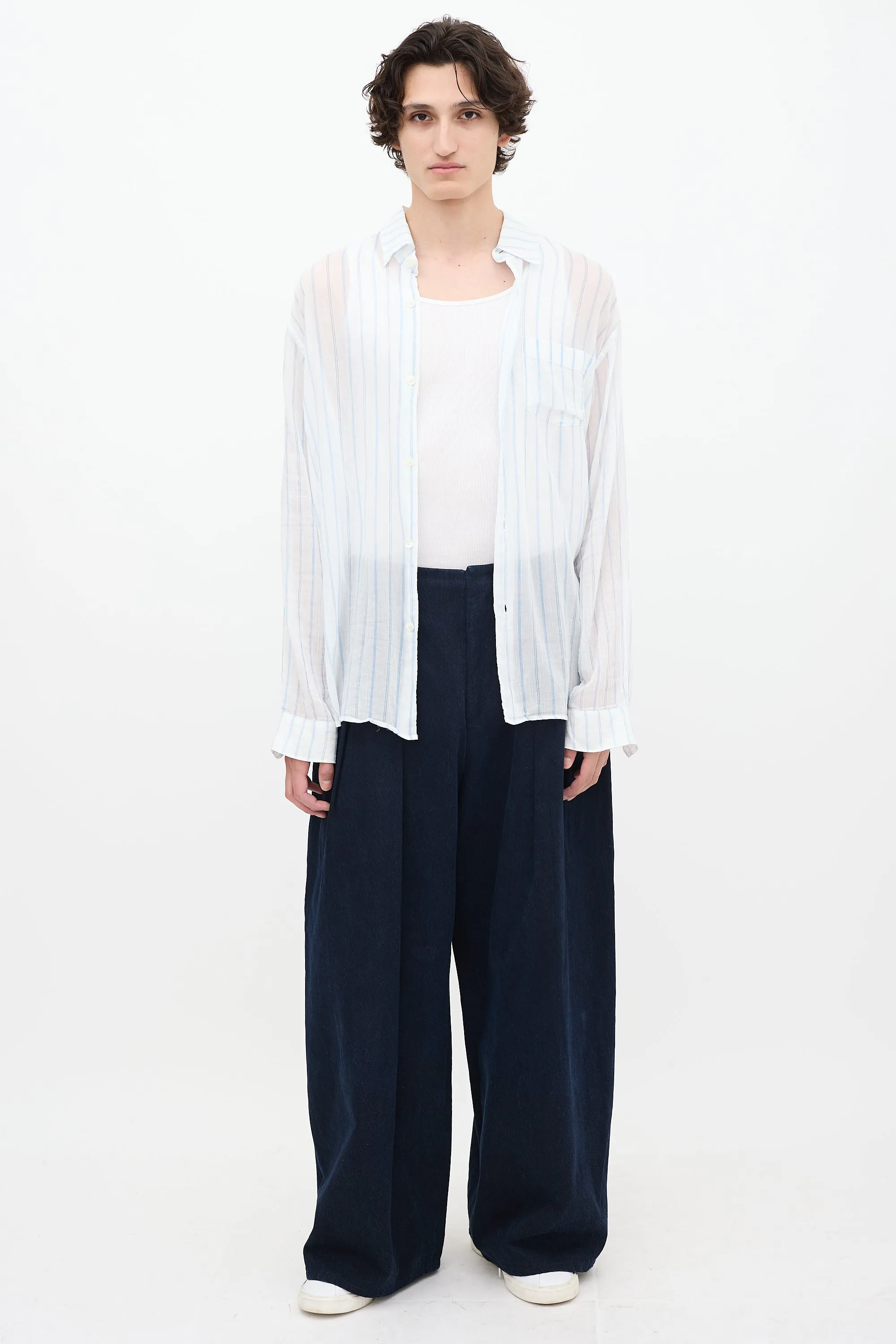 White & Blue Sheer Striped Shirt