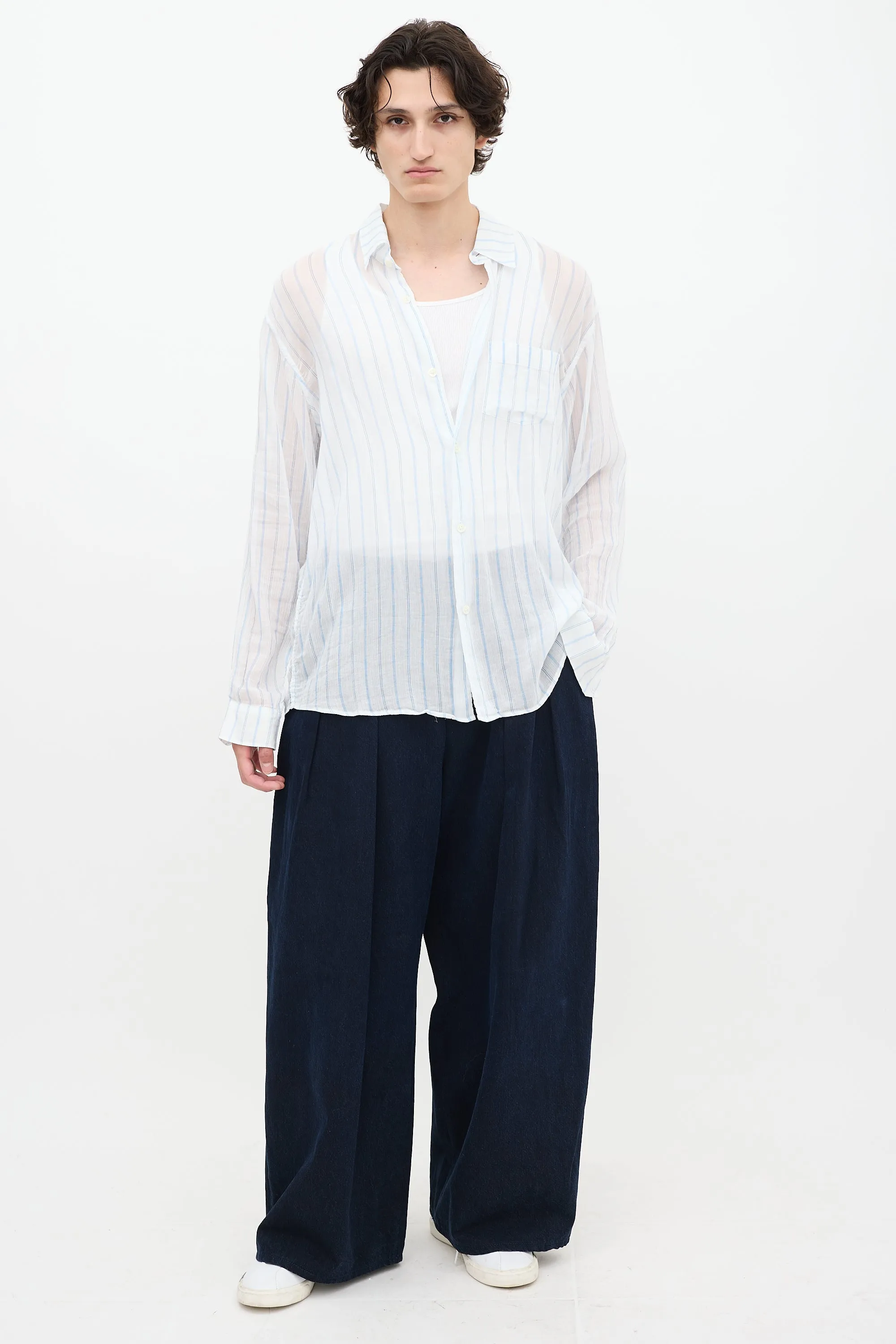 White & Blue Sheer Striped Shirt