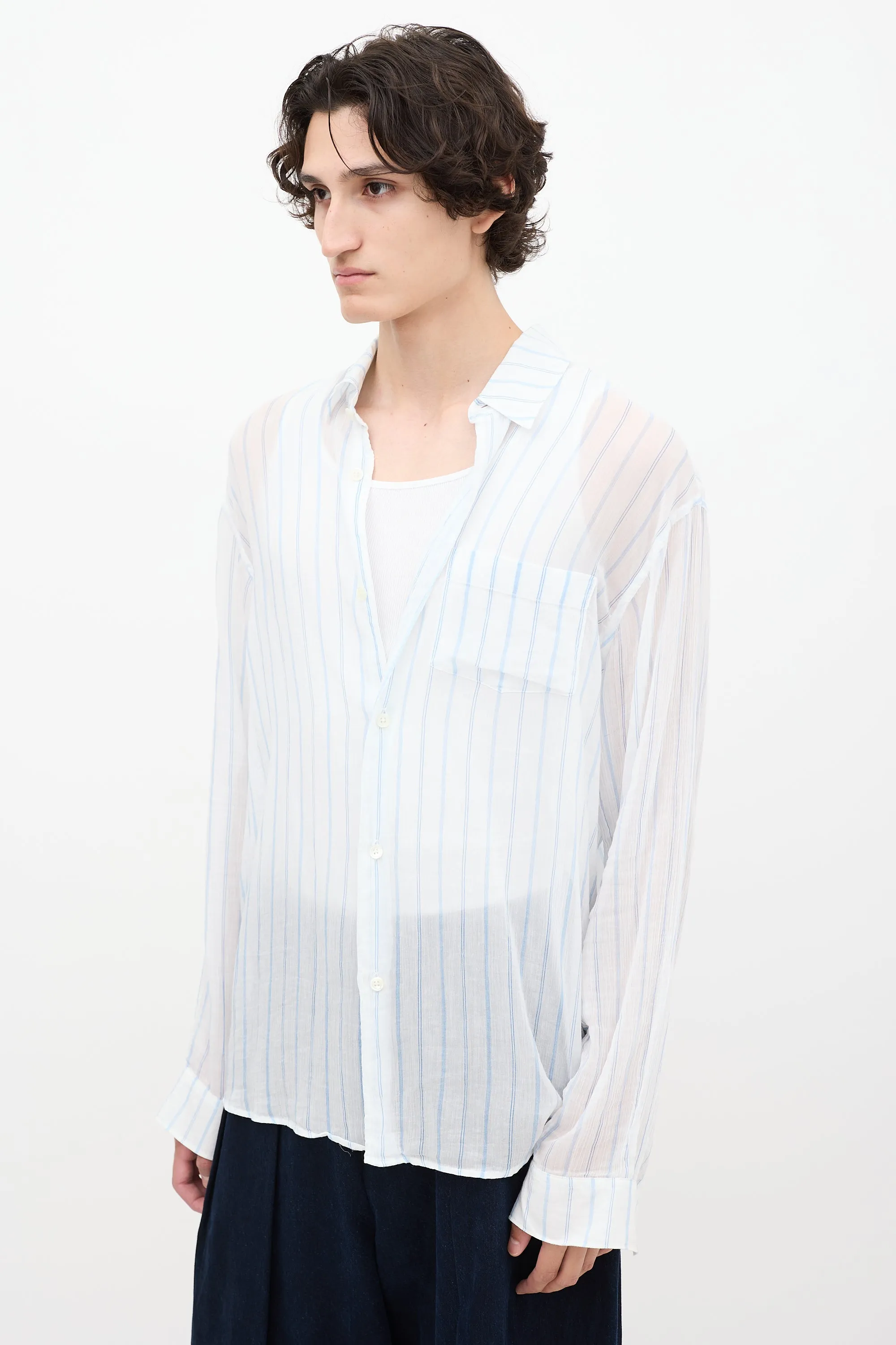 White & Blue Sheer Striped Shirt
