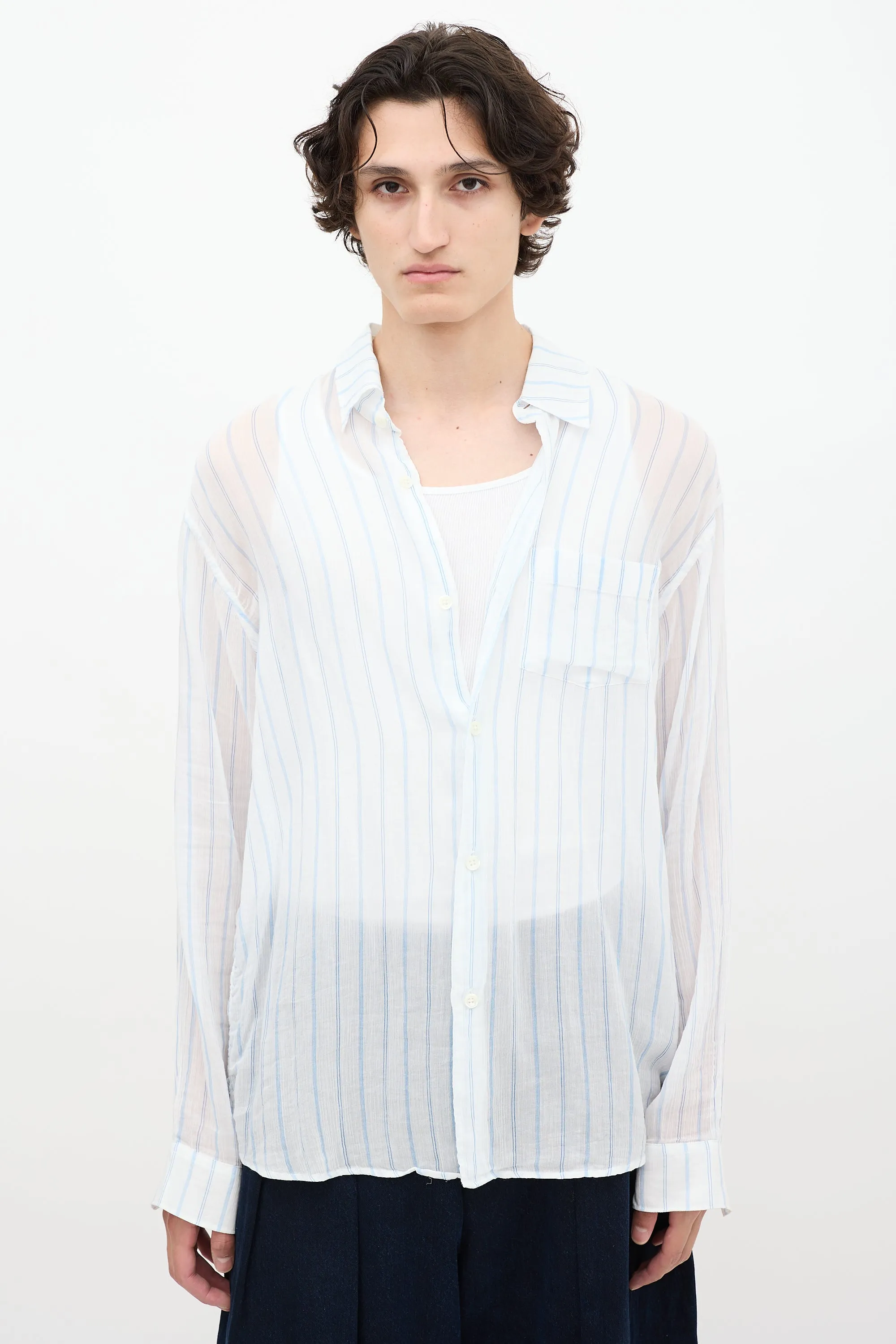White & Blue Sheer Striped Shirt