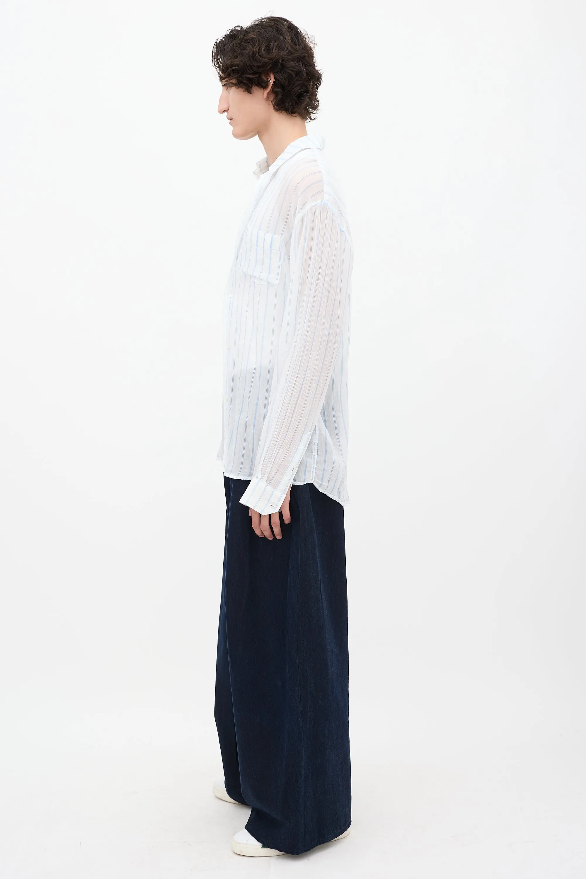 White & Blue Sheer Striped Shirt