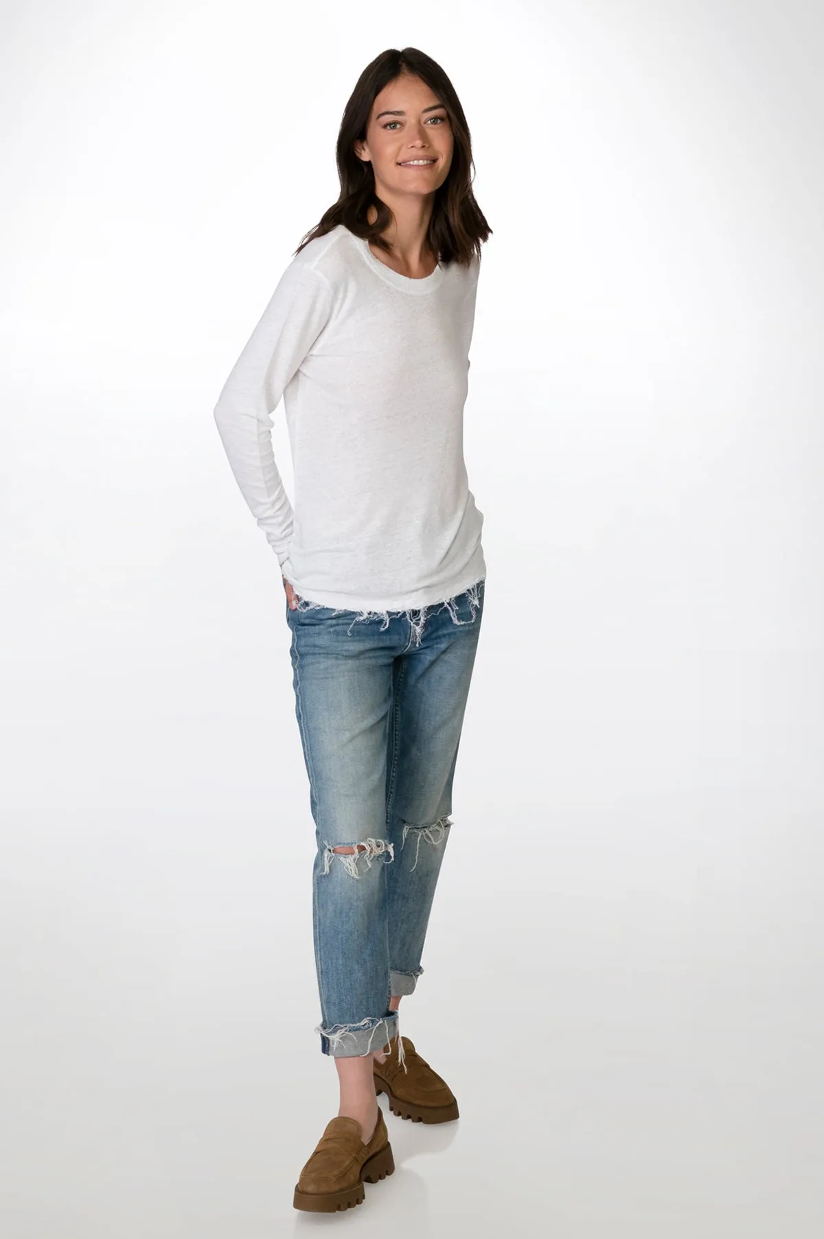 White Long Sleeves Linen T-Shirt