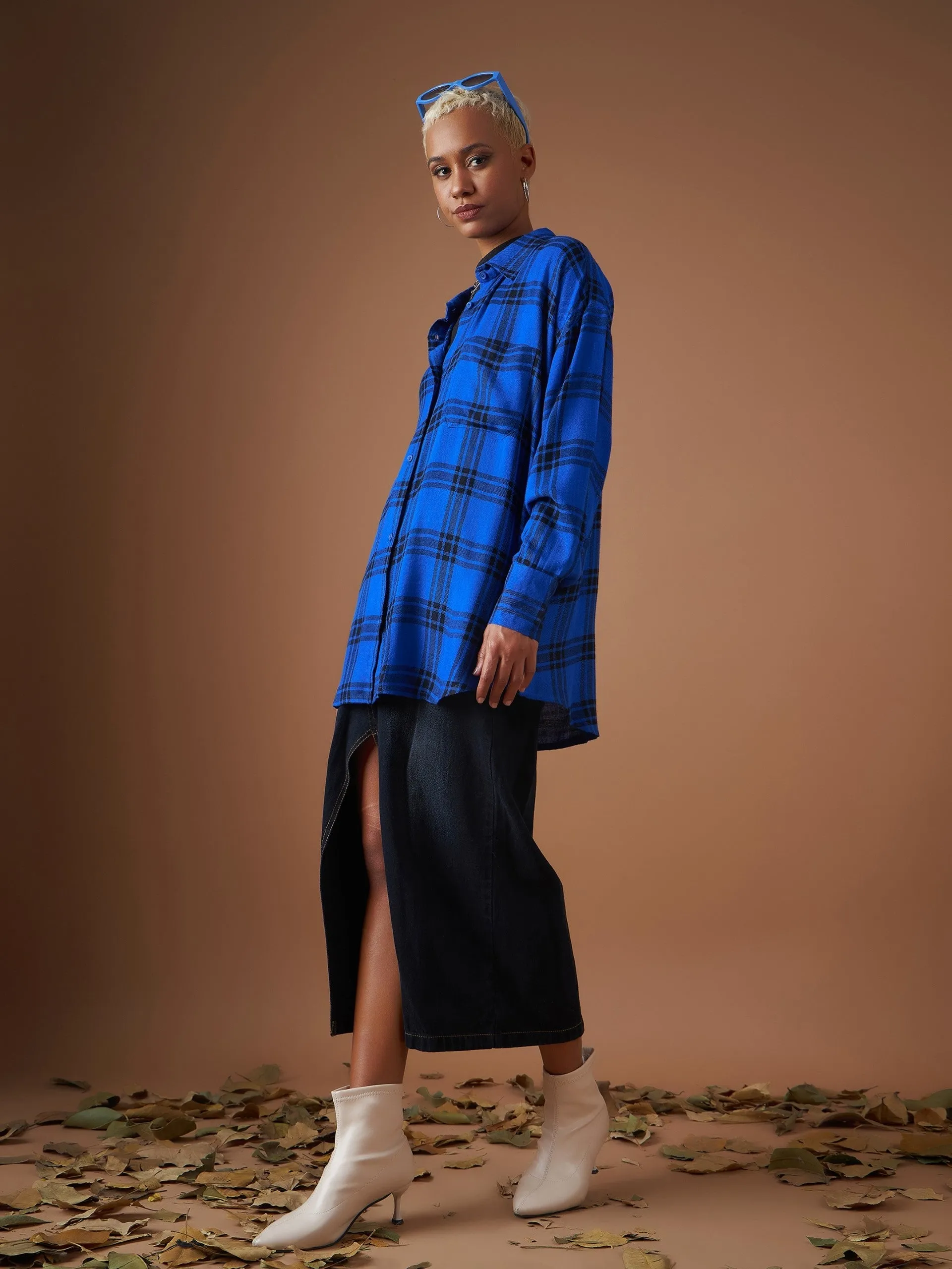 Women Royal Blue Yarn dyed Check Oversized Shirt