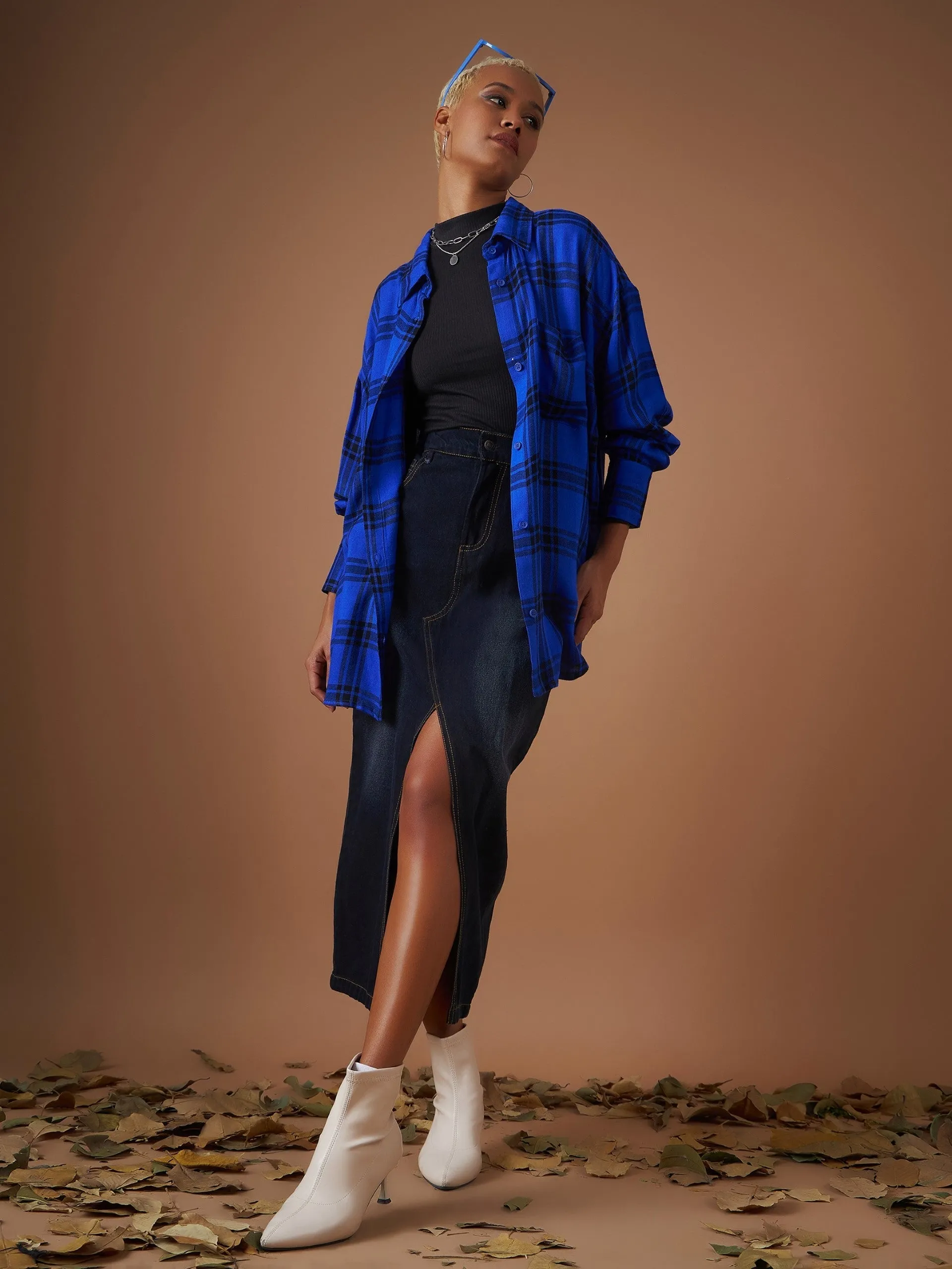 Women Royal Blue Yarn dyed Check Oversized Shirt